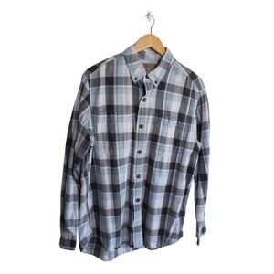 Duluth Trading L Trim Fit Blue Gray Plaid Flannel Button Down Shirt